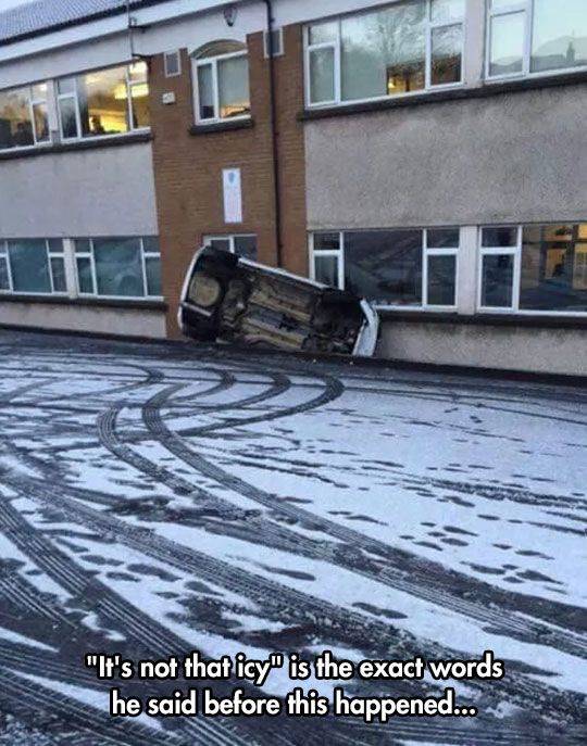 Car upside down in car park after slipping in icy conditions