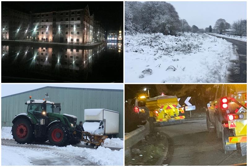 Montage of four winter scenes: Gloucester Docks at night, a snowy country road, a tractor clearing snow at an industrial unit, and two gritters at night